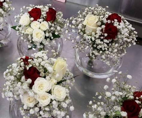 Burgundy And White Centerpieces, Red And White Flower Centerpieces, Red And White Centerpieces, Reception Table Flowers, Ruby Red Wedding, Red Quinceanera Ideas, Christmas Wedding Flowers, 40th Anniversary Party, Table Floral Arrangements