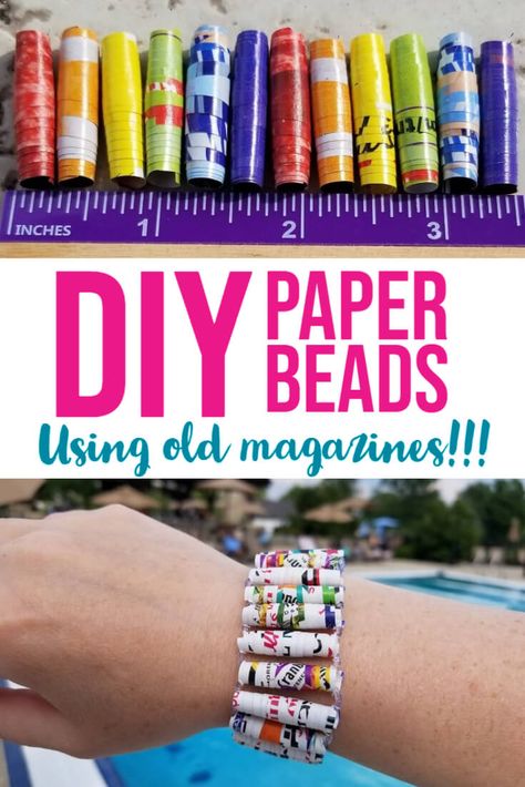 As soon as my kids learned how to make DIY paper beads out of old magazines and catalogs, they couldn't stop! They have made paper bead bracelets, necklaces and even anklets. This is such an easy, kids arts and crafts project using materials you already have laying around your house! Magazine Beads How To Make, How To Make Paper Jewelry, Paper Bead Crafts, How To Make A Paper Bracelet, Brownies Girl Guides, Beading Party, Beads Template, Kids Crafts Jewelry, Paper Beads Tutorial