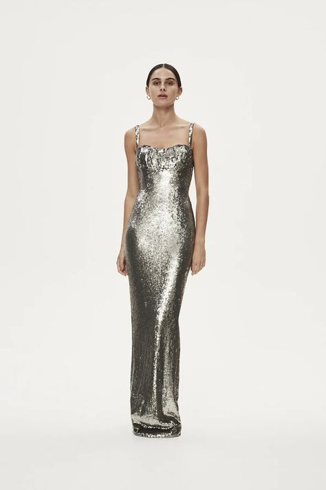 Elena Gilbert Gown, Elena Gilbert 1864 Dress, Elena Gilbert Black Dress, Gray Embellished Fitted Gown, Rachel Gilbert Nya Gown, Rachel Gilbert Dress, Sequined Gown, Oscar Gowns, Rachel Gilbert