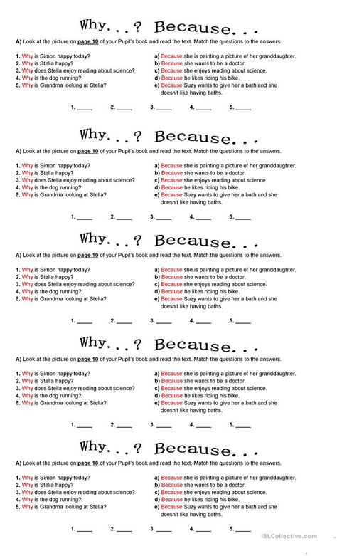 WHY AND BECAUSE EXERCISE - English ESL Worksheets Why And Because Worksheet, Why Because Worksheet, Linking Words, Helping Verbs, Work Sheet, English Activities For Kids, English Exercises, Teaching English Grammar, Wh Questions