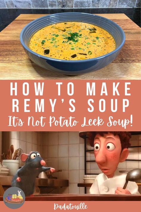 The soup from Ratatouille that Remy fixes is not potato leek soup! In this video I give some reasoning why and show my version of the recipe! I believe it is a more accurate recreation. I hope you enjoy! Disney Food Recipes Movies Ratatouille, Potato Leek Soup From Ratatouille, Ratatouille Movie Recipe Dishes, Food From Ratatouille Movie, Remy's Soup Recipe, Ratatouille Movie Recipe, Disney Ratatouille Recipe, Ratatouille Recipes Disney, Ratatouille Soup Recipe Disney