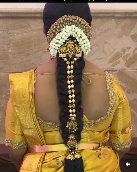 Ayush Homam, Jada Billalu, Hair Flowers Diy, Gold Jada, Engagement Hairstyle, Yellow Sarees, Bride Pics, South Indian Wedding Hairstyles, Bridal Hairstyle Indian Wedding