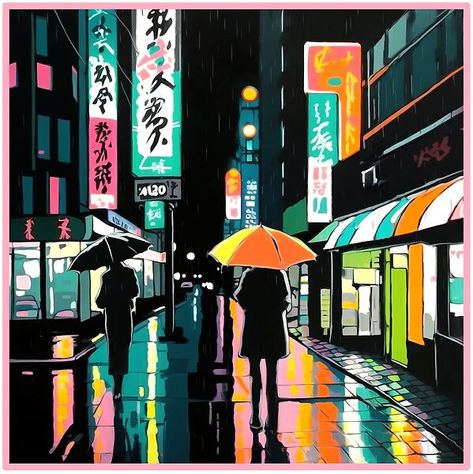 Neon Tokyo Rainy Night is a captivating artwork that depicts the bustling streets of Tokyo during a rainy night. The piece is illuminated by a vibrant neon glow, which highlights the towering skyscrapers and bustling crowds of people below. Tokyo Night Painting, Tokyo Painting Easy, Japanese Street Painting, Extravagant Aesthetic, Tokyo Painting, Tokyo Drawing, Crowds Of People, Streets Of Tokyo, Room Paintings