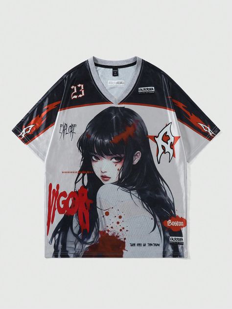 ROMWE Street Life Men's Short Sleeve T-Shirt With Anime Print, Suitable For Spring And Summer, SchoolI discovered amazing products on SHEIN.com, come check them out! Grey Street, Street Life, Aesthetic T Shirts, Altering Clothes, Summer School, Tomboy Fashion, Fashion Korean, Men Clothing, Anime Films