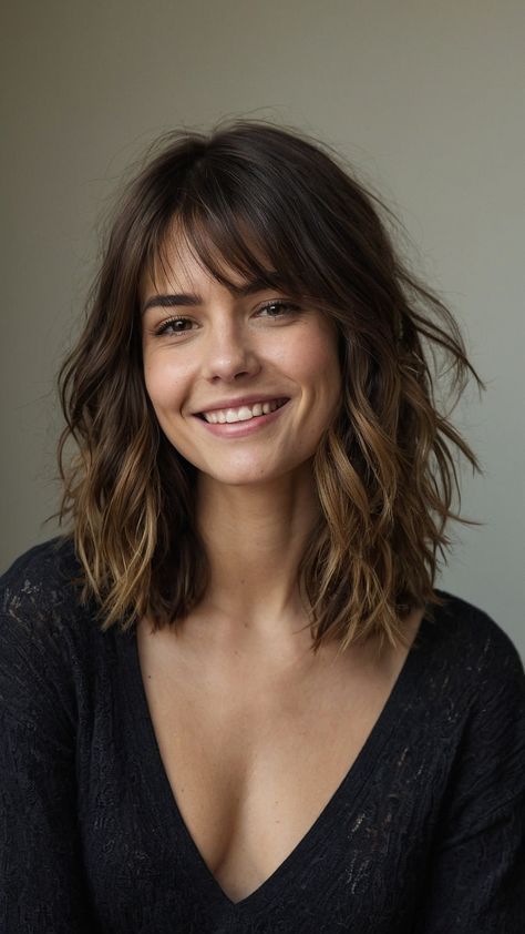 Fringe Hairstyles Short Shoulder Length, Short Hair And Bangs Straight, Shag Hairstyle Side Part, Wavy Haircut Side Part, Haïr Cut With Side Bangs, Medium Length Wavy Hairstyles For Women, Medium Length Side Bangs, Thick Hair Haircut With Bangs, Short Haircuts With Long Bangs