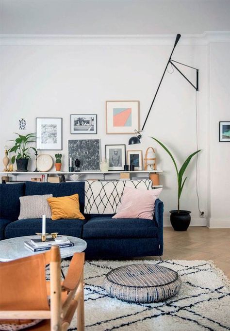 my scandinavian home: A Delightful Light-Filled Home In The Rooftops of Munich Navy Couch, Blue Couch Living, Blue Sofa Living, Blue Sofas Living Room, Blue Couch Living Room, Blue Couch, Trendy Living Rooms, Living Room Scandinavian, Blue Living Room