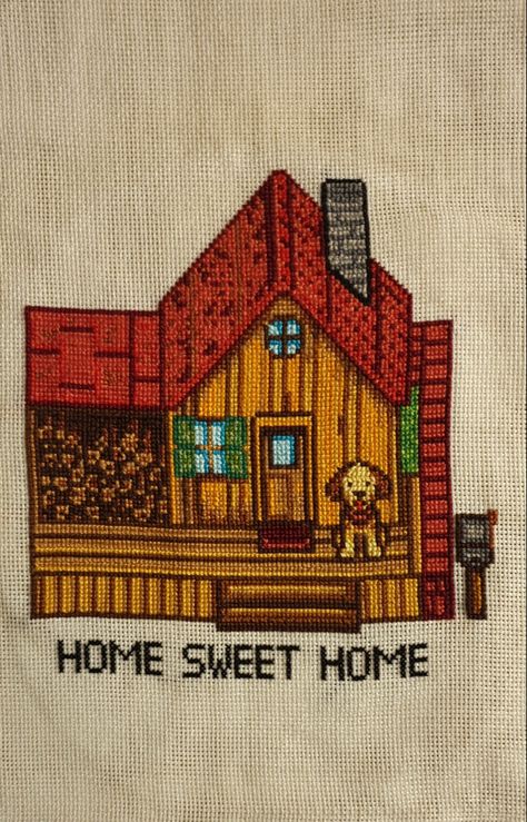 Stardew Valley House Cross Stitch wlth the dog Stardew Cross Stitch Pattern, Cottage Core Cross Stitch, Stardew Nails, Stardew Valley Painting, Stardew Valley Cross Stitch Pattern Free, Stardew Valley Crafts, Stardew Valley Embroidery, Stardew Valley Cross Stitch Pattern, Stardew Valley Pattern