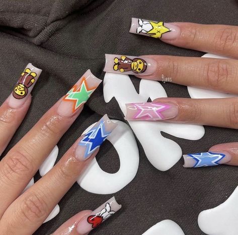 Lil Yatchy Nail Art, India Love Nails, Drawn Nail Designs, Bape Nails Acrylic, Hypebeast Nails, Dope Nail Designs Swag, Cute Freestyle Nails, Supreme Nails, Lsd Nails