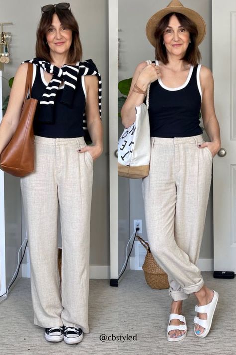 Linen Pants Tennis Shoes, Black And White Linen Pants Outfit, Cream Linen Pants Outfit Summer, Old Navy Linen Pants Outfit, Loose Linen Pants Outfit, Beige Linen Pants Outfit Summer, Linen Pants With Sneakers, Wide Leg Linen Pants Outfit Summer, Linen Pants Outfit Spring