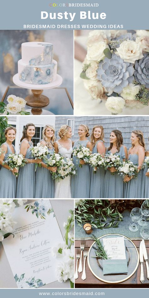 Dusty Blue Bridesmaid, Spring Wedding Color Palette, Wedding Color Scheme, Cakes Flowers, White Bridal Gown, Bridesmaid Dresses Under 100, Wedding Bridesmaids Dresses Blue, Dusty Blue Bridesmaid Dresses, Wedding Colour