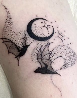 Tattoo Over Small Scar, Mini Bat Tattoo, Bat And Moon Tattoo, Tattoo Scar Cover, Witchy Sleeve, Cheek Tattoo, March Tattoo, Bat Tattoo Ideas, Bat Tattoos