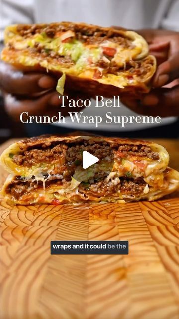 Food Mood Clips 😋 on Instagram: "Crunch Wrap Supreme!!
By @chefdwightsmith 🤙🏼
-
Follow @foodmoodclips to boost your mood for food ❤️
Recipe;
Ingredients,
1lb medium ground beef
1 jalapeño - chopped
1 teaspoon of each - chilli powder, onion powder, garlic powder, paprika, cumin, salt, black pepper. 
1/2 head iceberg lettuce - chopped
1 tomato - diced
1/4 cup Sour Cream 
1 cup grated cheddar cheese
1 cup grated Monterey Jack cheese
1/4 cup Salsa 
1 pack 10 inch flour tortillas 
1 pack of 4 inch corn tortilla
1/2 cup vegetable oil 

#crunchwrapsupreme #tacobell #take-out #easyrecipes #tortillas #torontofood #torontochef" Taco Bell Crunch Wrap Supreme, Taco Bell Crunch Wrap, Crunch Wrap Supreme Recipe, Crunch Wrap, Corn Tortilla, Toronto Food, Food Mood, Iceberg Lettuce, Monterey Jack