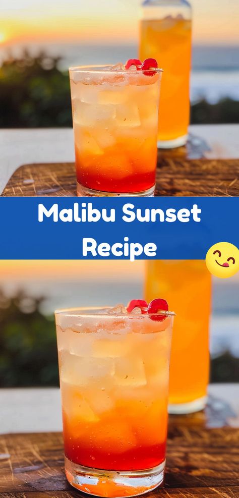 Enjoy a refreshing Malibu Sunset! Simple recipe with rum, pineapple, and grenadine. Malibu Sunset Cocktail, Cocktail With Rum, Cocktails With Malibu Rum, Sunset Simple, Malibu Rum Drinks, Malibu Pineapple, Malibu Cocktails, Sunset Cocktail, Malibu Sunset