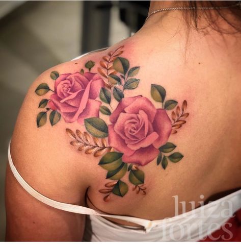 Chest Neck Tattoo, Pink Rose Tattoos, Cool Shoulder Tattoos, Rose Shoulder Tattoo, Red Rose Tattoo, Rose Tattoos For Women, Taurus Tattoos, Friendship Tattoos, Back Of Shoulder Tattoo