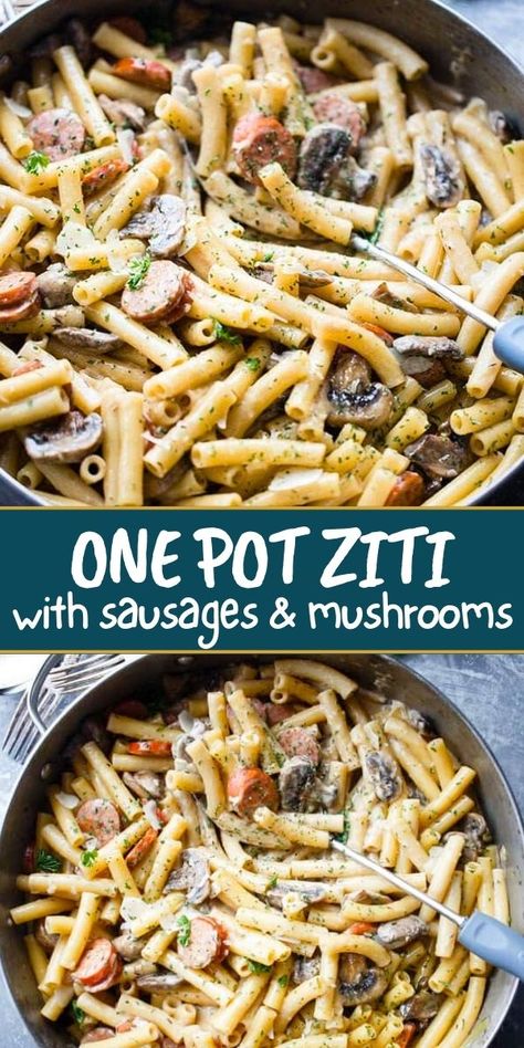 One Pot Ziti with Andouille Sausage is a wonderful ziti pasta dinner packed with delicious andouille sausages and mushrooms, and it's prepared in one pot and cooked on the stovetop! One Pot Ziti, Creamy Ziti, Diethood Recipes, Sausage Mushroom, Smoked Sausage Pasta, Ziti Pasta, Mushroom Rice, Best Pasta Recipes, Veggie Pizza