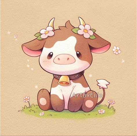 Cute animal drawing of a baby cow with flowers. Kawaii style. #cutedrawing #kawaiidrawing #aesthetic #cutecat #illustration #cuteartwork #art #kawaiistyle #animals #drawing Cute Animated Drawings, Cute Animated Animals Drawings, Drawing Ideas Cute Animals, Cartoon Art Animals, Cartoon Art Styles Animals, Cute Animal Pictures Cartoon, Cute Drawings Of Cows, Procreate Cute Drawing, Drawing Kawaii Animals