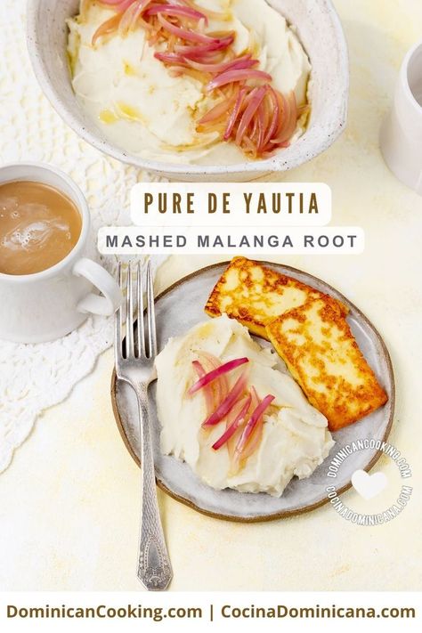 Mashed malanga root, onions and fried cheese. Malanga Recipes, Malanga Root, Mashed Plantains, Fried Chips, Dominican Food, Potato Ricer, Root Vegetable, Potato Peeler, Braised Pork