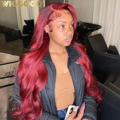 Burgundy Body Wave Lace Front Wigs Red Lace Front Wigs Side Part, Cute Wigs For Black Women, Red Wig For Black Women, Red Lace Front Wigs, Body Wave Lace Front Wigs, Lace Fronts, Hd Lace Frontal, Sew Ins, Frontal Hairstyles