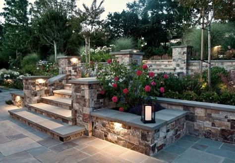 Illuminate | J. Montgomery Designs | Architects Portfolio | Since 1974 Architects Portfolio, Sloped Backyard Landscaping, Sloped Yard, Traditional Staircase, Sloped Backyard, Landscaping Retaining Walls, Backyard Fireplace, Deck Designs Backyard, Outdoor Stone