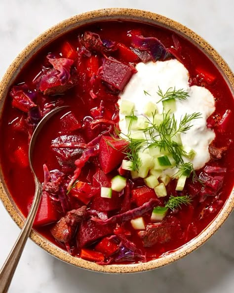 Classic Borscht Recipe (Beet Soup) | The Kitchn Russian Christmas Food, Classic Borscht Recipe, Vegan Meatloaf Recipe, Beet Borscht, Cold Weather Soup, Russian New Year, Borscht Recipe, Beets Recipe, Borscht Soup