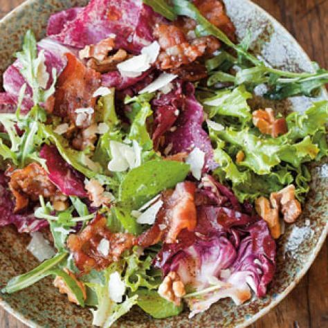 Field Salad with Pancetta and Walnuts | Williams Sonoma Walnuts Recipe, Red Cabbage Salad, Thanksgiving Salad, Walnut Recipes, Autumn Salad, Cabbage Salad, Arugula Salad, Vegetable Seasoning, Balsamic Vinaigrette