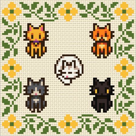 Adorable pattern of all 5 cats in the Stardew Valley game Stardew Valley Cat Pixel Art, Stardew Valley Pixelart, Cross Stitch Patterns Dog, Stardew Valley Blanket, Cross Stitch Round Border, Stardew Valley Grid Pattern, Cross Stitch Patterns Stardew Valley, Craft Hobby Ideas, Aesthetic Cross Stitch Pattern