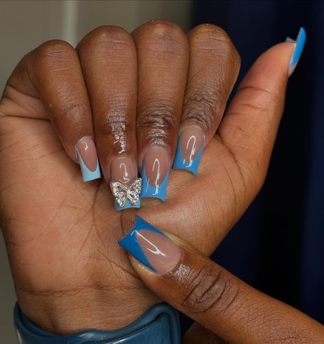 blue ombre 😍💙 - - if you’re seeing this dm @nails.bydaya_ to book an appt 🤍 - - - - - - - - - - - - #bluenails #blueombre #blueombrenails #butterflycharms #bluefrenchie #bluefrenchtips #bluenaildesign #denimblue #denimbluenails #shortnails #fyp #gelxnails #gelxnailtech #bptnailtech #ctnailtech #ctnails #bptnails #bridgeportnails #bridgeportct #bridgeportnailtech #bridgeportctnailtech #bridgeportctnails #beginner #notaprofessional #justforfun #nailart #naildesigns #nailinspo #nails.bydaya_ ... French Tip Blue Nails Short, Blue Tip Nails French Manicures, Blue Nail Designs Short, Light Blue Nail Art, Nails Blue French Tip, Royal Blue Nails Designs, Blue Frenchie, Blue Ombre Nails, Royal Blue Nails