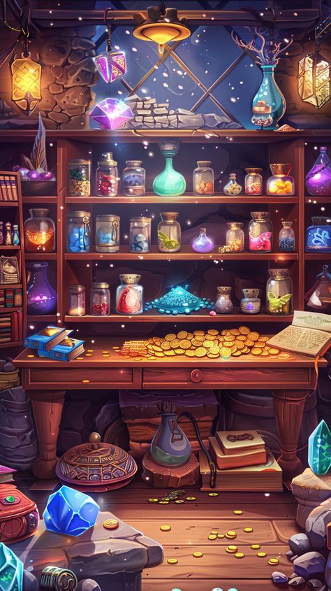 #CrystalQuest #MagicalShop #MobileGame #MysticalItems #EnchantedArtifacts #Treasures #WoodenShelves #Potions #SpellBooks #AncientRelics #GoldCoins #SilverBars #AmbientLighting #MagicalRunes #Immersive #Enchanting #Fantasy #9:16AspectRatio #TheCandie Magical Room Concept Art, Potion Room Aesthetic, Fantasy Magic Shop, Magic Shop Aesthetic, Magical Atelier, Potions Lab, Mystical Items, Wizard Room, Magical Runes