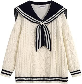 Japanese Lolita Uniform Sailor Collar Kawaii Cute Sweaters Soft Tops Loose Casual Cable Knit Long Sleeve Pullover Tops Outfit Black And White, Preppy Mode, Sailor Uniform, Alt Clothes, Blazer And Skirt Set, Streetwear Jackets, Womens Sweatshirts Hoods, Black Pleated Skirt, Professional Wear