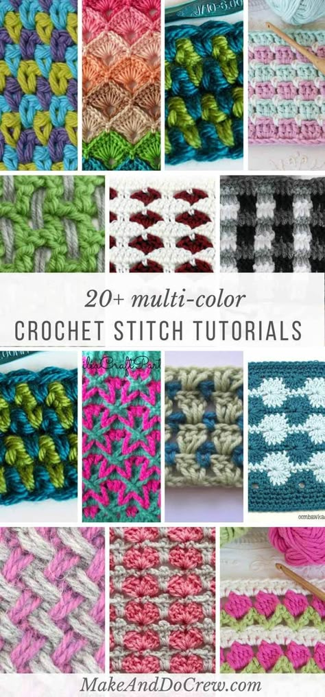 Multi-color crochet stitches list: Each of these stitch tutorials is made using multiple colors of yarn to create stunning effects! Crochet Stitches List, Crochet Stitch Patterns, Confection Au Crochet, Stitch Crochet, Crochet Afghans, Crochet Diy, Modern Crochet, Crochet Instructions, Crochet Stitches Tutorial