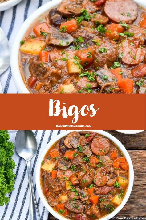 *NEW* A classic Polish stew, bigos offers four different types of meat in a red wine broth for your next stew craving! A hearty and meaty comfort food! #Bigos #PorkStew #Stew #PolishRecipe #HuntersStew #PolishStew #ComfortFood #Hearty #Meaty Polish Stew, Hunters Stew, Pork Stew Recipes, Crockpot Recipes Beef Stew, Crockpot Stew, Beef Stew Crockpot, One Pot Meal, Slow Cooker Beef Stew, Crockpot Recipes Beef