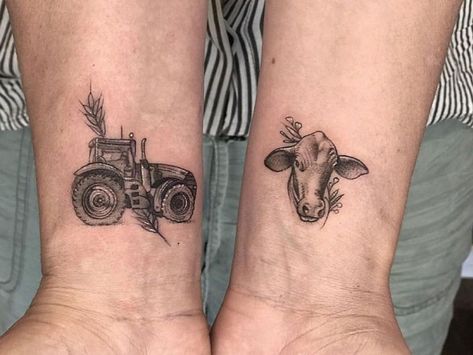 Tattoo Ideas For Men Farmer, Full Sleeve Tattoos Women Country, Fine Line Tractor Tattoo, Country Life Tattoos, Cow Family Tattoo, Farm Scene Tattoo, Farm Inspired Tattoo, Matching Cow Tattoos For Best Friends, Cattle Brand Tattoos For Women