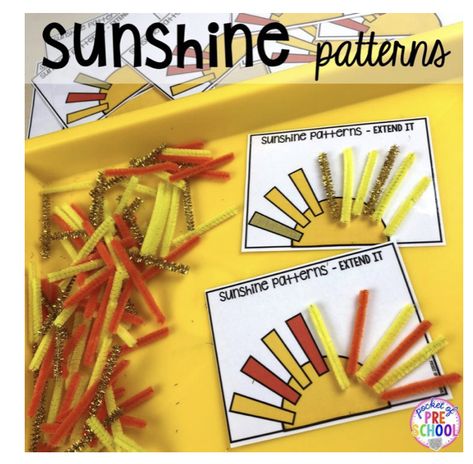 Sunshine patterns! Such a good idea! Zoo Room, Weather Lesson Plans, Weather Activities Preschool, Centers For Preschool, Sun Theme, Pocket Of Preschool, Weather Lessons, Weather Books, Preschool Weather