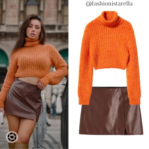 Orange Jumper Outfit, Orange Turtleneck Outfit, Turtle Neck And Skirt Outfit, Cropped Jumper Outfit, Outfit With White Jeans, Orange Sweater Outfit, Orange Turtleneck, Orange Jumper, Orange Jumpers