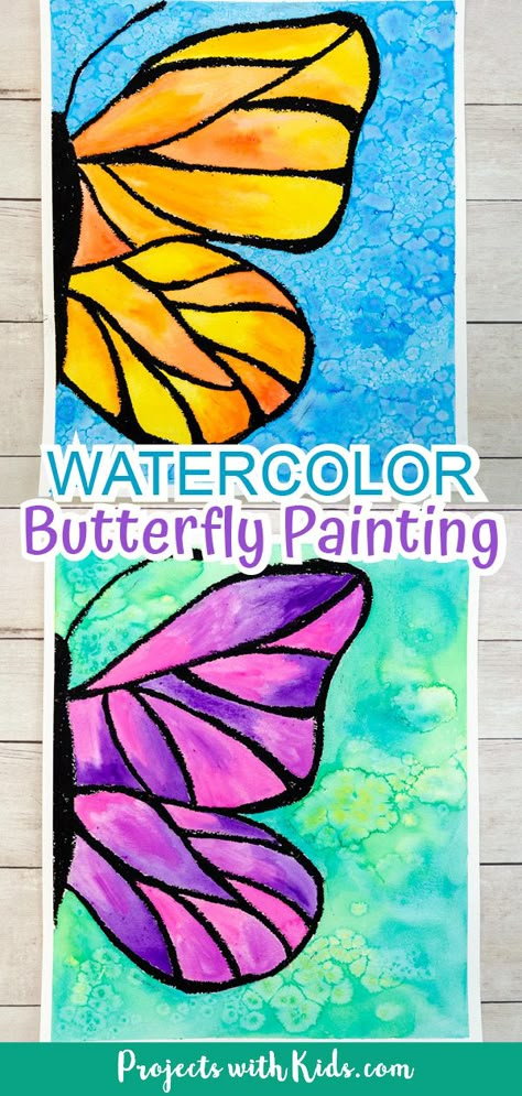 This beautiful watercolor butterfly painting combines oil pastels and watercolors. Kids will learn easy watercolor techniques to create this wow-worthy art! Spring Painting Ideas For Kids, Spring Watercolor For Kids, Spring Art Ideas For The Classroom, Butterfly Art Elementary, Kindergarten Butterfly Art, April Art Projects, April Crafts For Kids Elementary Schools, Spring Art Elementary, Butterfly Art Ideas