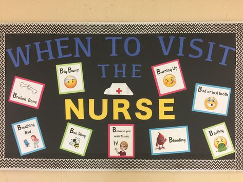 My Back to School School Nurse bulletin board!!! Nurses Door Decorations, School Health Bulletin Boards Nurses, Welcome Back To School Nurse Bulletin Boards, Tooth Bulletin Board Ideas, School Nurse Board Ideas, School Nurse Bulletin Board Ideas Elementary, Bulletin Board Ideas For Nurses Office, School Nurse Welcome Back Bulletin, When To Visit The School Nurse