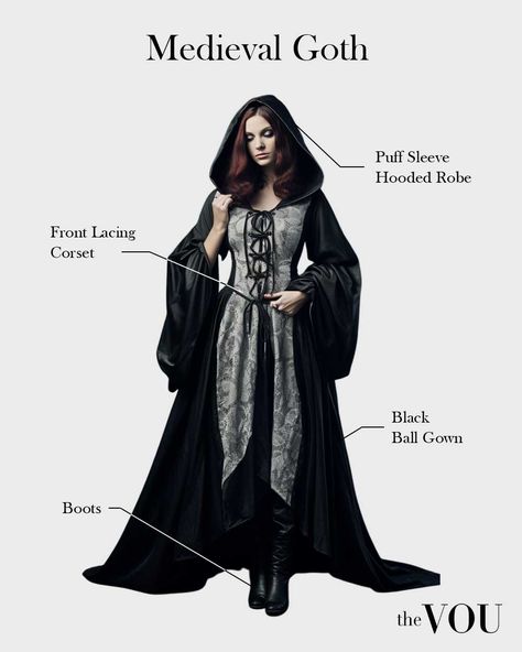 Medieval Goth, Dark Ages, Somber Aesthetics, Black Palette, Dark Hues, Velvet, Lace, Leather, Knights and Castles, Flowing Dresses, Robes, Corsets, Tunics, Middle Ages, Dramatic Capes, Chokers, Crowns, Intricate Headpieces, Jewelry, Dead Can Dance, Sharon den Adel. Goth Medieval Dress, Gothic Medieval Fashion, Medieval Gothic Aesthetic, Medieval Gothic Fashion, Medieval Aesthetic Outfit, Goth Types, Medieval Goth, Types Of Goth, Goth Outfit Ideas