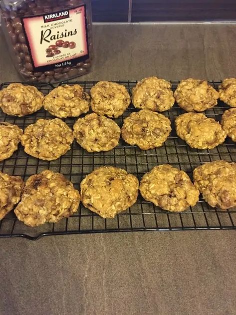 Costco Milk Chocolate Covered Raisins Oatmeal Cookie Recipe - Costcuisine Costco Oatmeal Raisin Cookie Recipe, Costco Cookie Recipe, Costco Food, Oatmeal Cookie Recipe, Chocolate Covered Raisins, Chocolate Raisins, Raisin Recipes, Cookie Recipes Oatmeal Raisin, Boys Food