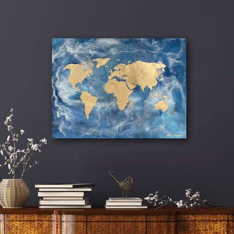 Kelly Gowan Art on Instagram: ""Mother Earth" 20.5 x 26.5 I just got this beauty uploaded to my website finally. This is a resin painting with layers involved. The top ayer is here I added an atmosphere clouds that cover parts of our earth. The world map part is done in gold leaf! #worldtraveler #worldmap #worldmapart #worldmappainting #earthart #mothereart #map #mapart #mapdecor #officeart #officeinterior #officeinteriordesign #resinart #artresin #kellygowan #recycle #polarbears #loveoureart Painting World Map, World Map Painting, The World Map, World Map Art, Gold Leaf Art, Our Earth, Earth Art, Map Decor, Resin Painting