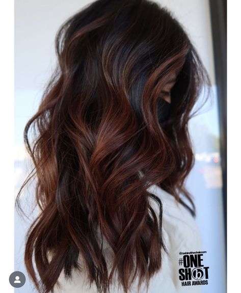 Brown Balayage With Copper Tones, Red Maroon Hair Burgundy, Raspberry Brunette Hair, Cowboy Caviar Hair Color, Red Balayage On Black Hair Indian, Copper On Dark Brown Hair, Dark Copper Highlights On Black Hair, Auburn Balayage Black Hair, Dark Hair Copper Balayage