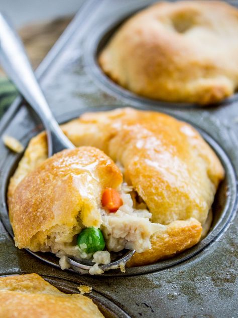 Mini Chicken Pot Pies (Quick and Easy!) ~ The Food Charlatan Mini Chicken Pot Pie Recipe, Crescent Dough Recipes, Pillsbury Crescent, Chicken Pot Pies, Mini Chicken Pot Pies, Homemade Chicken Pot Pie, Chicken Pot Pie Recipe, Egg Allergy, Pot Pie Recipe