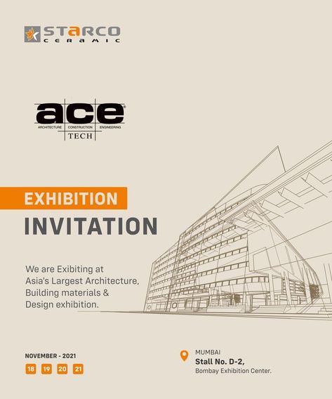 Asia's largest architecture, building materials & design exhibition Starco Ceramic kindly invites you in @acetechexhibition & explores our wide range of tiles. Visit our Stall No. D - 2, Bombay Exhibition Center #starcoceramic #uniquedecorative #ACETECH2021 #architecture #construction #engineering #architecturedesign #Interiordesignideas #interiordesigner #Interior #Interiordecor #modernizedart #ceramic #walltiles #tiles #mumbai #delhi #hyderabad #architect #brands Fair Invitation Design, Architecture Award Poster, Architect Advertisement Poster, Invitation For Exhibition, Exhibition Brochure Design, Architecture Creative Ads, Architecture Event Poster, Architect Poster Design, Engineering Poster Design