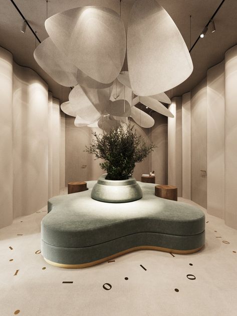 Take a peek inside iO Salon + Wellness; one of our coming openings. — Asthetique Huge Round Ottoman, Hotel Lobby Design, Store Concept, Lobby Interior, Lobby Design, Clinic Design, Banquette Seating, Salon Interior Design, Lounge Design