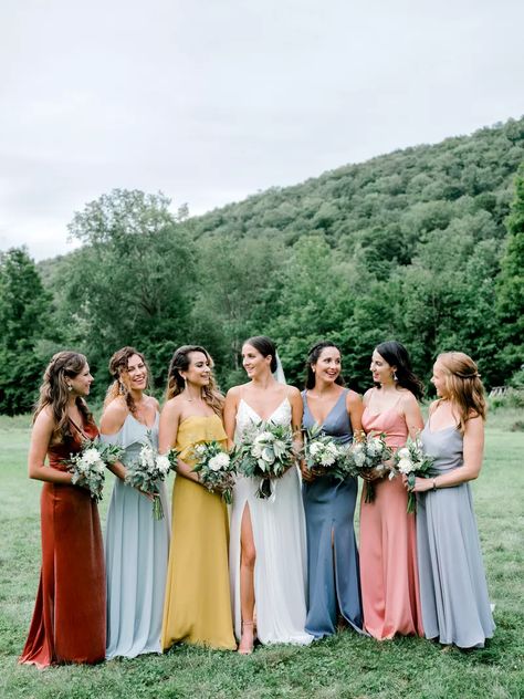 A Forest Glam Wedding in the New York Catskills Pink Bridal Party Dresses, Bridesmaid Dress Color Schemes, Pink Bridal Party, Mix Match Bridesmaids, Wildflower Wedding Theme, Mismatched Bridesmaids, Boda Mexicana, Mismatched Bridesmaid Dresses, Bridesmaid Dress Colors