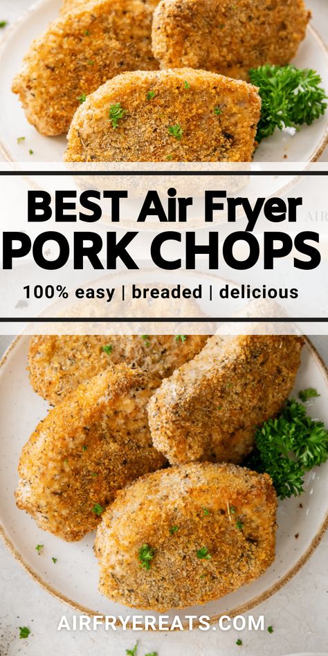 Make the perfect Air Fryer Breaded Pork Chops for dinner! These Air Fryer Pork Chops are perfectly seasoned, lightly breaded, and come out crispy and delicious in under 15 minutes. #airfryerporkchops via @vegetarianmamma Boneless Pork Loin Chop Recipes, Air Fryer Recipes Pork Chops, Air Fryer Breaded Pork Chops, Panko Pork Chops, Fried Boneless Pork Chops, Broiled Pork Chops, Pork Loin Chops Recipes, Air Fry Pork Chops, Cooking Boneless Pork Chops