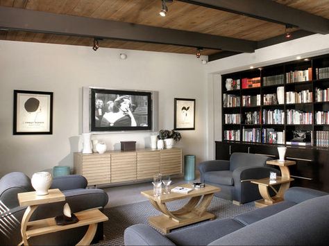 . Contemporary Home Offices, Garage To Living Space, Home Game Room, Room Bookshelf, Bookshelves In Living Room, Arch Interior, Garage Conversion, Living And Dining Room, Media Room