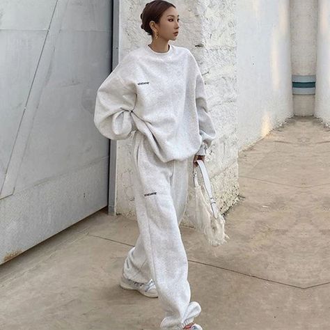 2Pcs Women Hoodies Suit Embroidery Letter Pullover Oversize Sweatershirt+High Waist Solid Jogger Pants Female Warm Sporty Sets Grey Sweatsuit, Sweat Set, Fits Clothes, Sweatshirt Set, Sweatshirt Fabric, Print Style, Fit Pants, Street Style Outfit, Pants Outfit