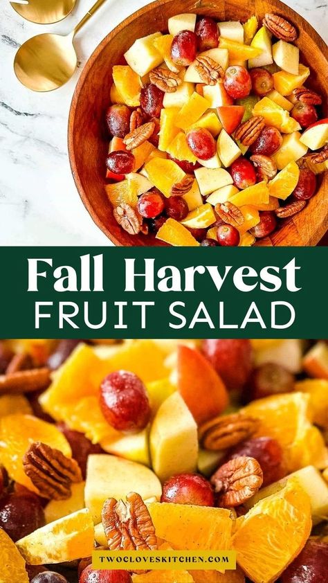 Looking for the best fall harvest Thanksgiving fruit salad recipe? This easy + healthy dish combines navel oranges, pears, apples, and grapes into a dessert that both kids and adults will love. Whip up this treat ahead of time and impress your guests with one of the best ideas for your holiday table. Whether you're planning a turkey dinner or need a quick dessert option, this fluff salad is a perfect choice. Get creative with these Thanksgiving fruit salad ideas for an unforgettable celebration. Easy Gluten Free Thanksgiving Sides, Thanksgiving Apple Salad, Quick And Easy Thanksgiving Sides, Cold Side Dishes For Thanksgiving, Thanksgiving Fruit Salad Recipes, Fall Fruit Salad Recipes, Fall Fruit Platter Ideas, Apple Salad Recipe Easy, Pear Fruit Salad