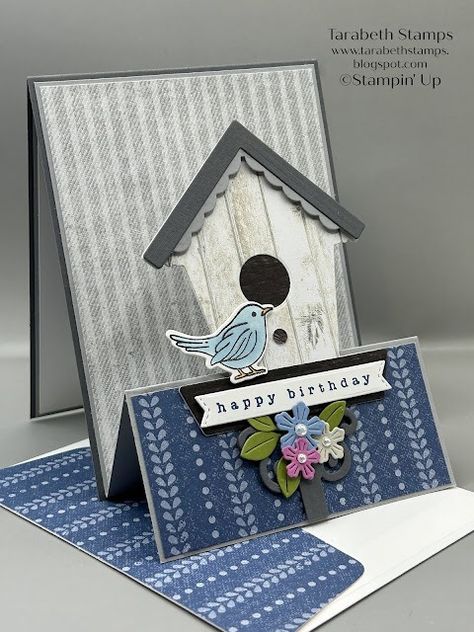 Stampin' Up Country Birdhouse Double Easel Birthday Card Video Tutorial | Tarabeth Stamps Su Country Birdhouse Cards, Su Country Birdhouse, Stampin Up Birdhouse Cards, Stampin Up Country Birdhouse, Country Birdhouse Stampin Up Cards, Stampin Up 2024-2025, Stamping Techniques Card Tutorials, Card Making Videos, Bird Stamp