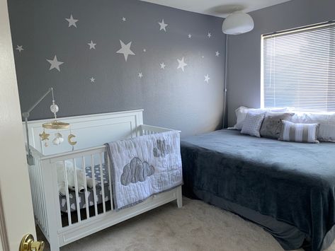 Baby nursery, with a guest bed for those nights when you just want to sleep yourself Nursery With Guest Bed Farmhouse, Nursery With Guest Bed, Office Nursery Combo, Shared Baby Rooms, Baby Girl Nursery Stars, Let Her Sleep For When She Wakes Nursery, Galaxy Baby Nursery Lambs & Ivy, Nursery Guest Room Combo, Star Wars Themed Nursery Lambs & Ivy